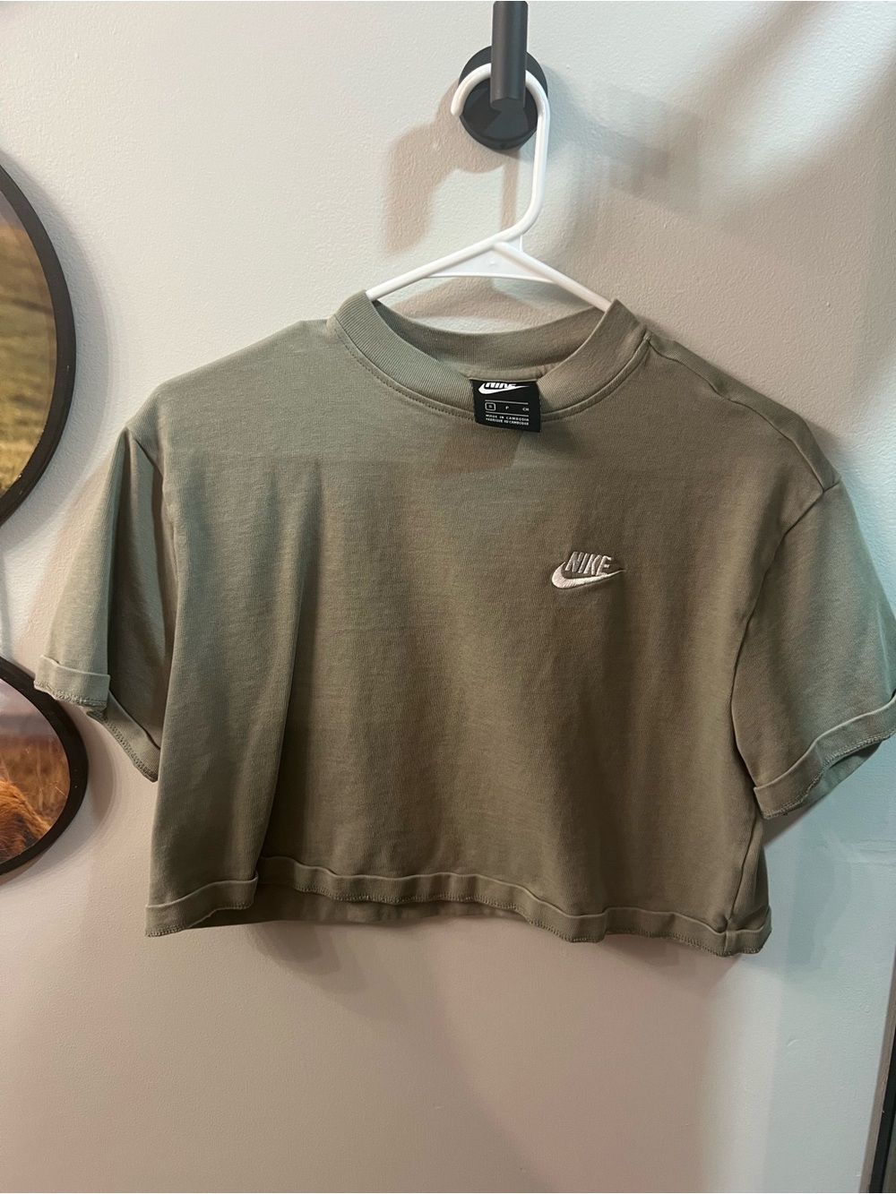 Nike Olive Green Cropped Tee with White Swoosh